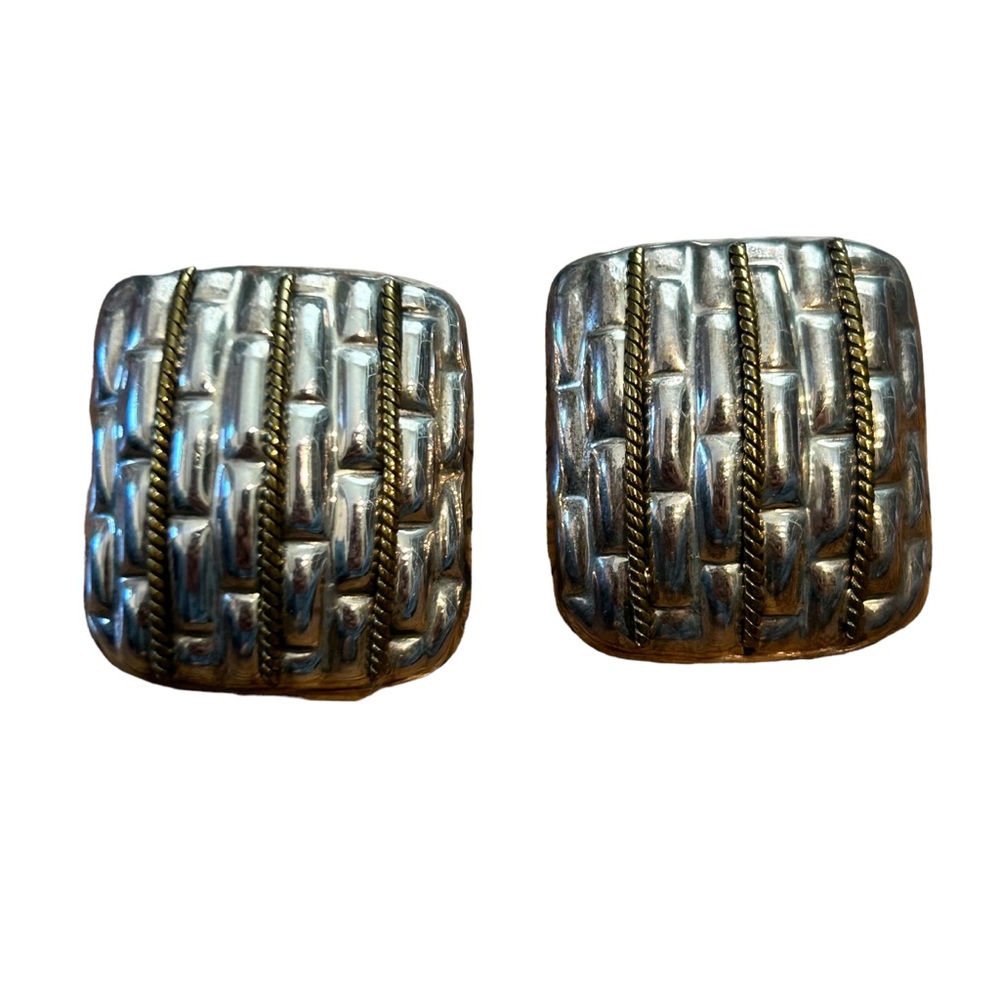 Vtg LATON Mexico 1.2" Sterling Silver & Brass Rope Puffy Square Earrings